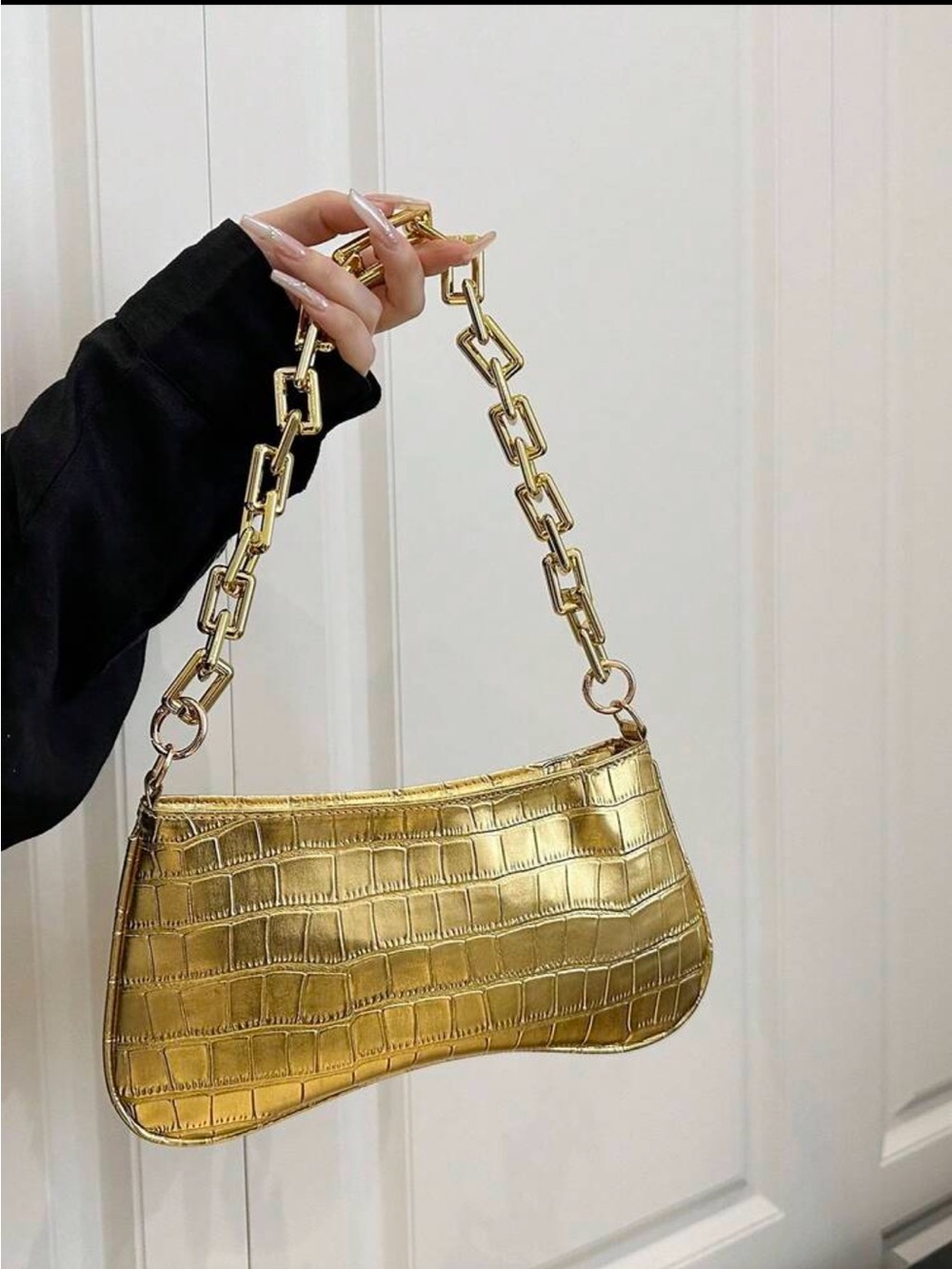 Gold Croc-Embossed Shoulder Bag with Chain Strap